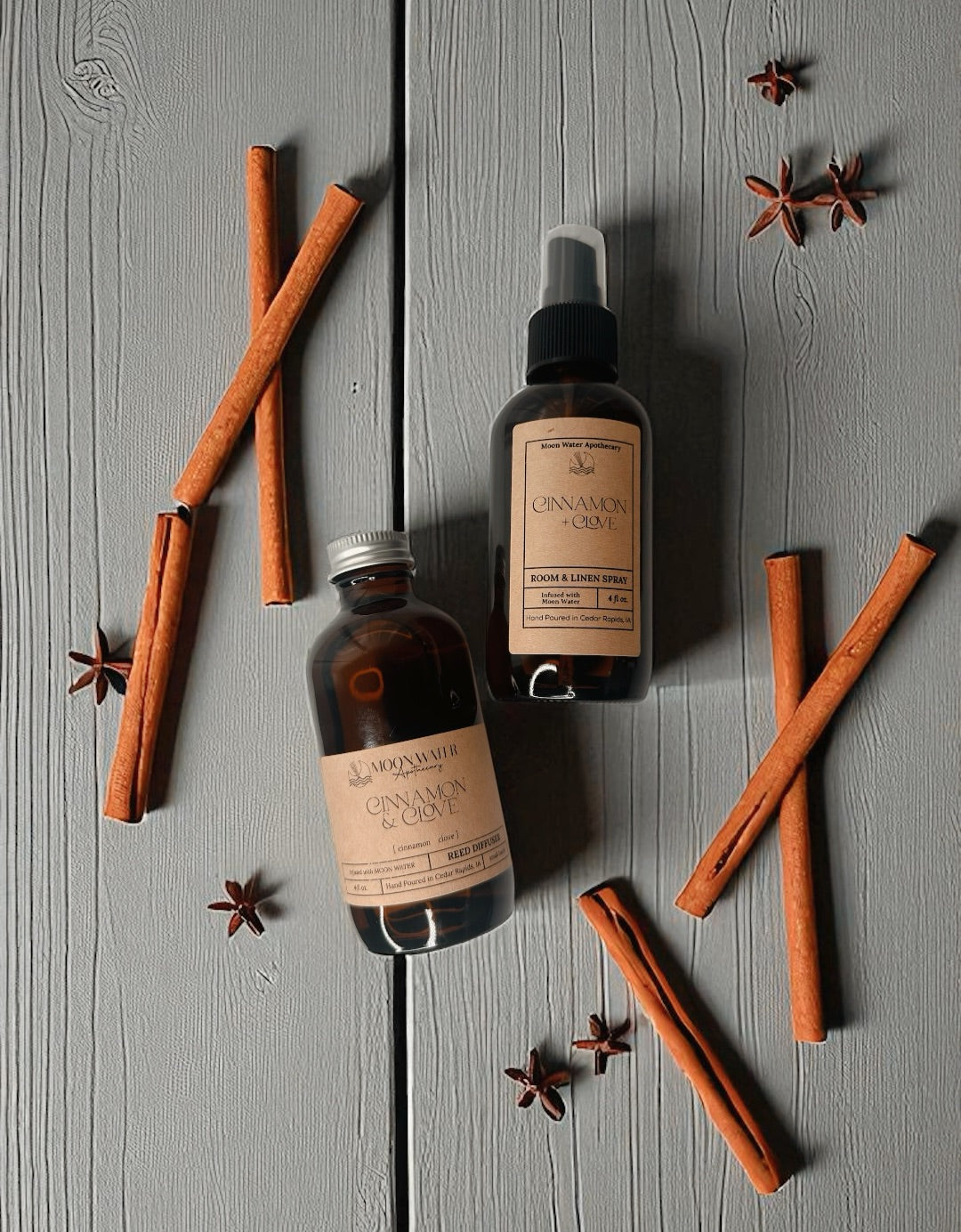 Cinnamon + Clove - ROOM SPRAY & REED DIFFUSER, Warm Spiced Home Fragrance -- by Moon Water Apothecary