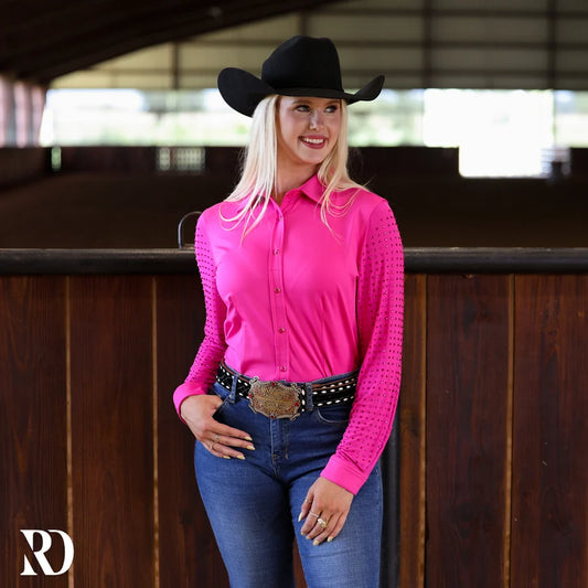 Hot Pink Mesh Sleeve Performance Rodeo Shirt