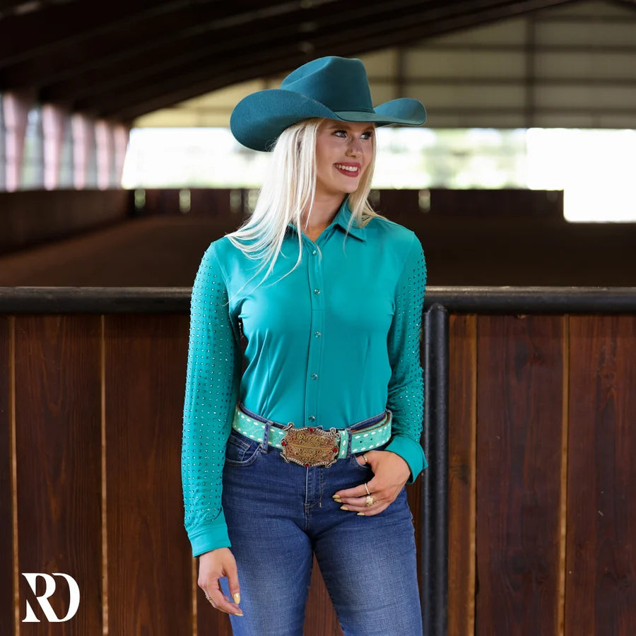 Turquoise Mesh Sleeve Performance Rodeo Shirt