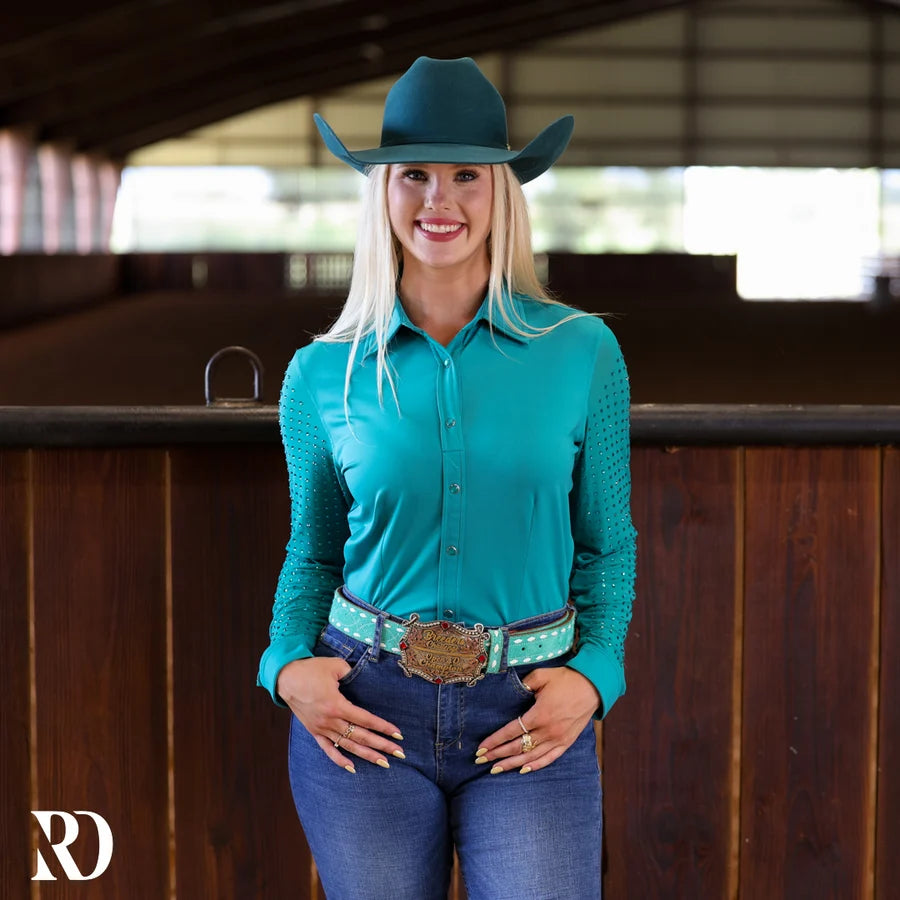 Turquoise Mesh Sleeve Performance Rodeo Shirt